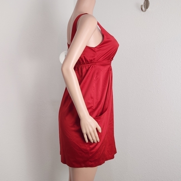 BCBG Red Mini Satin Pockets Empire Waist Thick Strap Dress Sz S - Picture 8 of 12